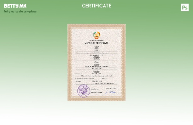 Модерен стил на Таџикистан шаблон за PSD шаблон за потврда за брак